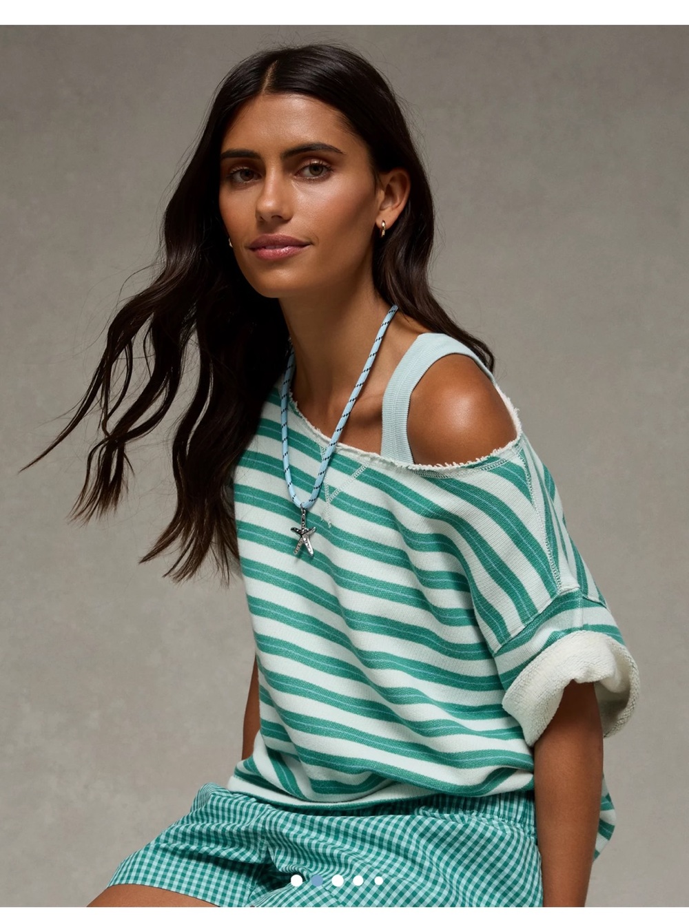 American Eagle Outfitters Striped Aqua & White Off-Shoulder Cover-Up Top